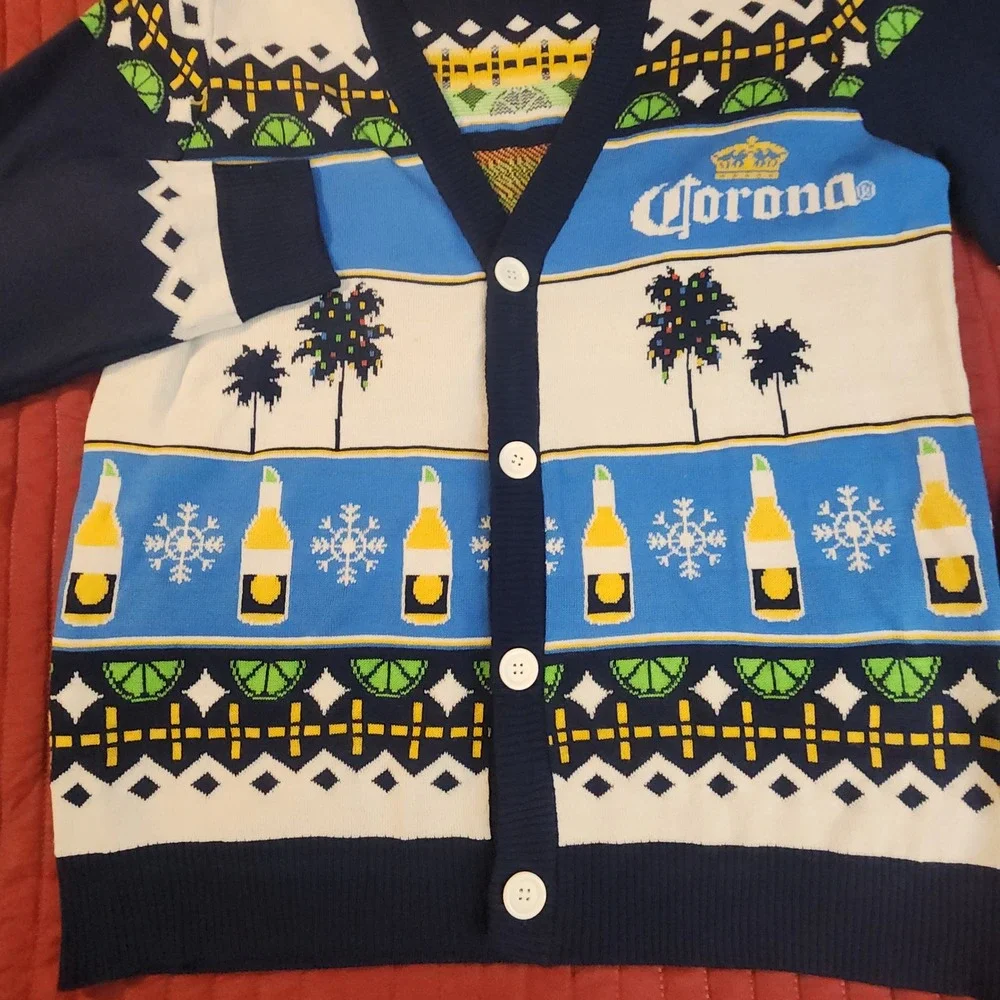 Corona Extra Feliz Navidad Ugly Christmas Sweater Cardigan Mens Large Blue White